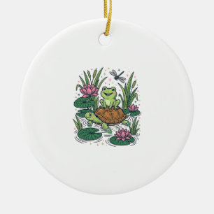 Cute Frog Riding Turtle Pond Vintage Vector Art_1 Ceramic Ornament
