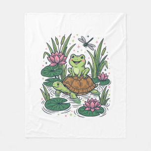 Cute Frog Riding Turtle Pond Vintage Vector Art_1 Fleece Blanket