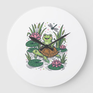 Cute Frog Riding Turtle Pond Vintage Vector Art_1 Large Clock
