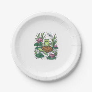 Cute Frog Riding Turtle Pond Vintage Vector Art_1 Paper Plates