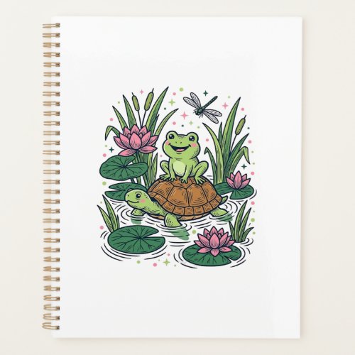 Cute Frog Riding Turtle Pond Vintage Vector Art_1 Planner