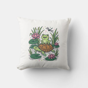 Cute Frog Riding Turtle Pond Vintage Vector Art_1 Throw Pillow