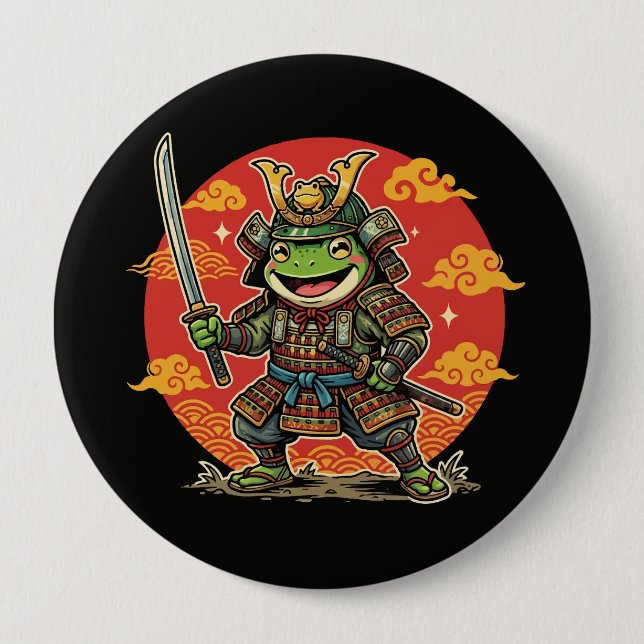 Cute Frog Samurai Cartoon Animal Warrior Design Button (Front)