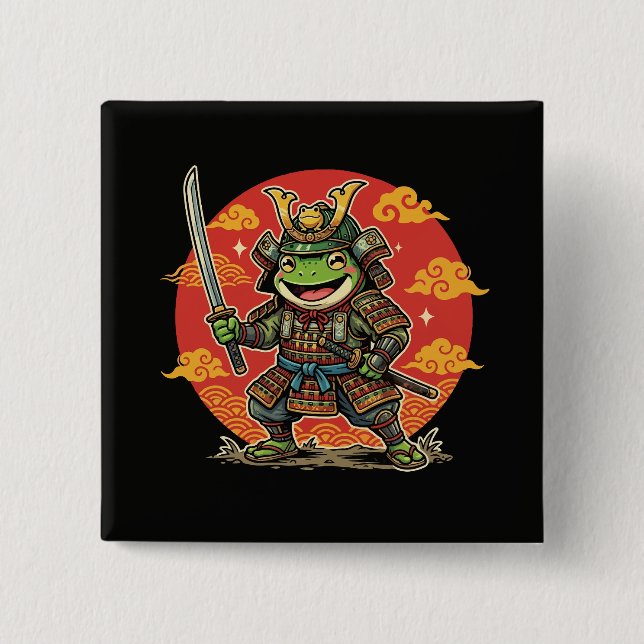 Cute Frog Samurai Cartoon Animal Warrior Design Button (Front)