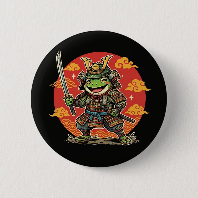 Cute Frog Samurai Cartoon Animal Warrior Design Button (Front)
