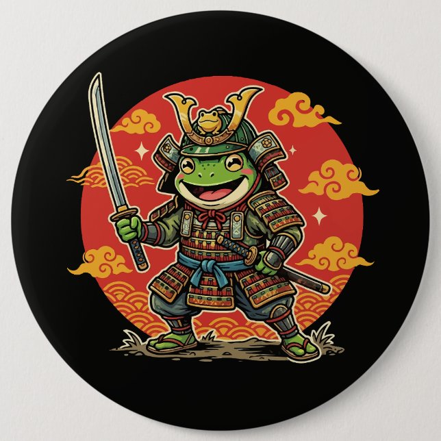 Cute Frog Samurai Cartoon Animal Warrior Design Button (Front)