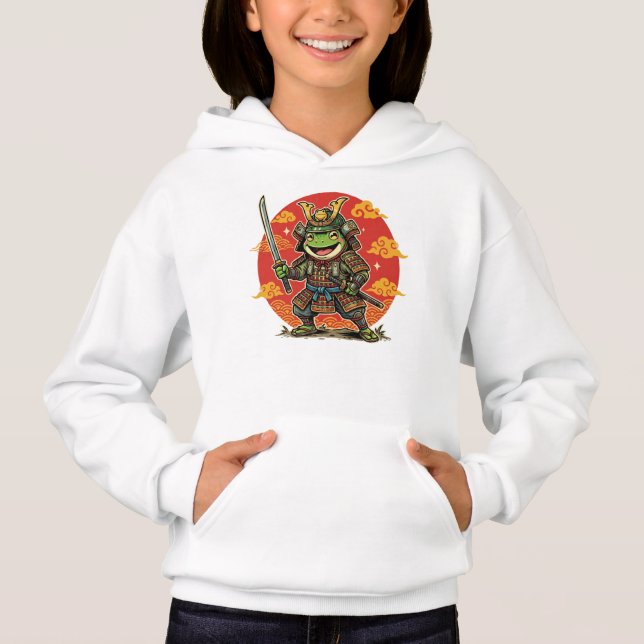 Cute Frog Samurai Cartoon Animal Warrior Design Hoodie (Front)