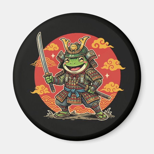 Cute Frog Samurai Cartoon Animal Warrior Design Magnet (Front)