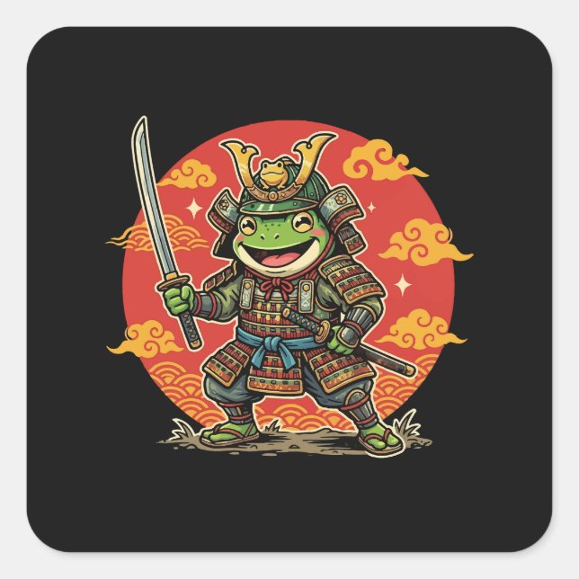 Cute Frog Samurai Cartoon Animal Warrior Design Square Sticker (Front)