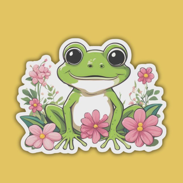 Cute Frog Sitting in Flowers Waterproof  Sticker (Creator Uploaded)