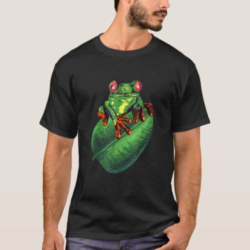 Cute Frog Sitting On Green Leaf T_Shirt