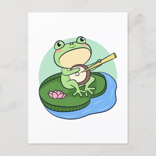 Cute Frog Sitting On Lotus Leaf Playing Banjo Postcard