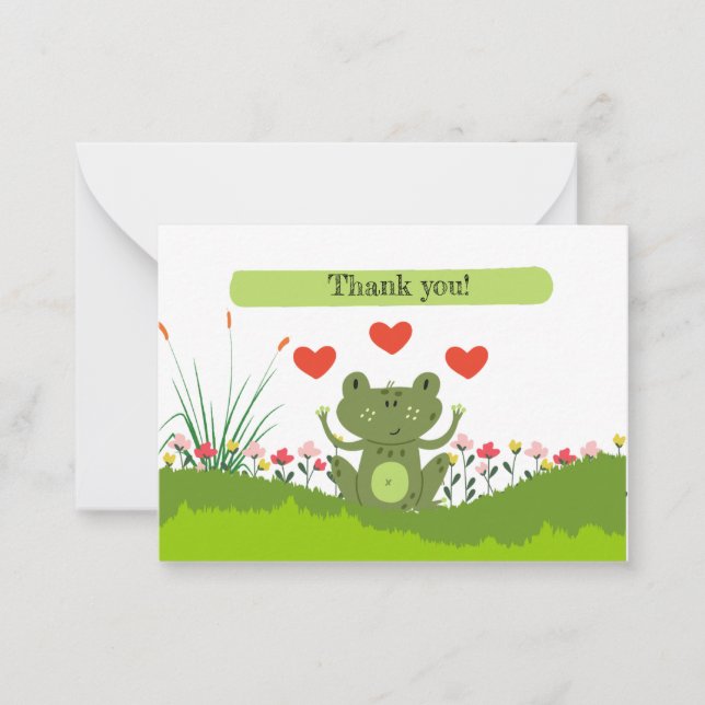 Cute frog THANK YOU with hearts and flowers Note Card (Front)