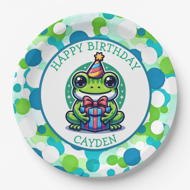 Cute Frog Themed Boy's Birthday Boy Photo Paper Plates (Front)