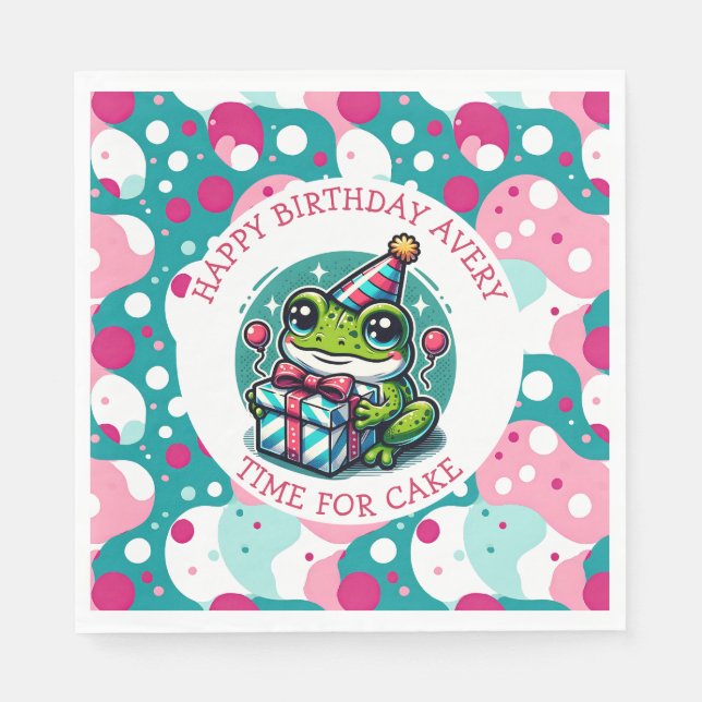 Cute Frog Themed Girl's Personalized Birthday Napkins (Front)