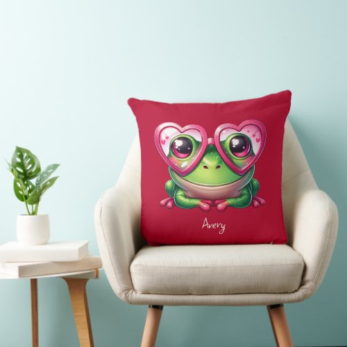 Cute Frog Wearing Oversized Heart Glasses Throw Pillow