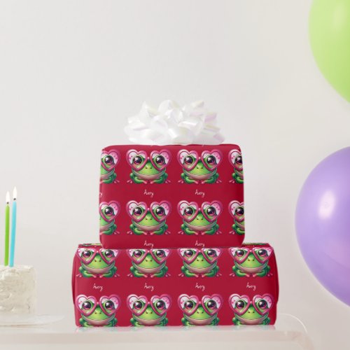 Cute Frog Wearing Oversized Heart Glasses Wrapping Paper