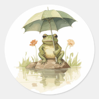 Cute Frog with an Umbrella at the Lake Classic Round Sticker
