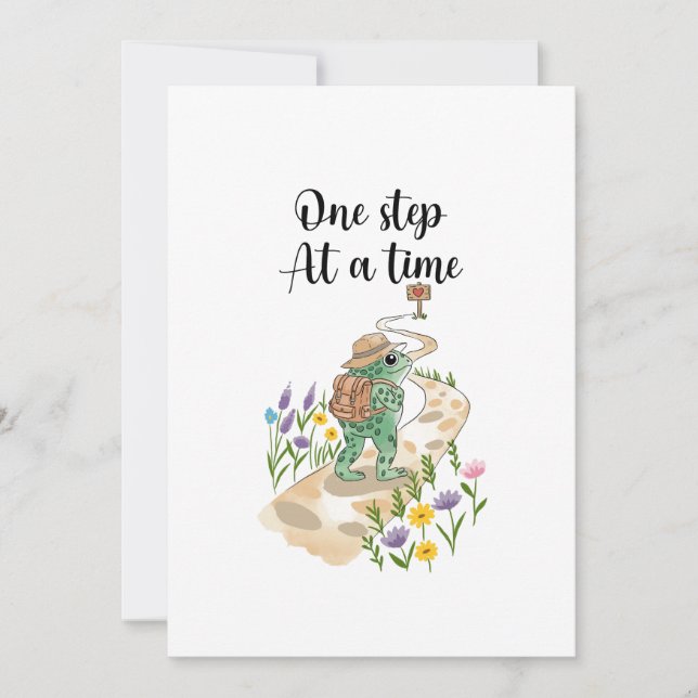Cute Frog with Backpack One Step at a Time Invitation (Front)