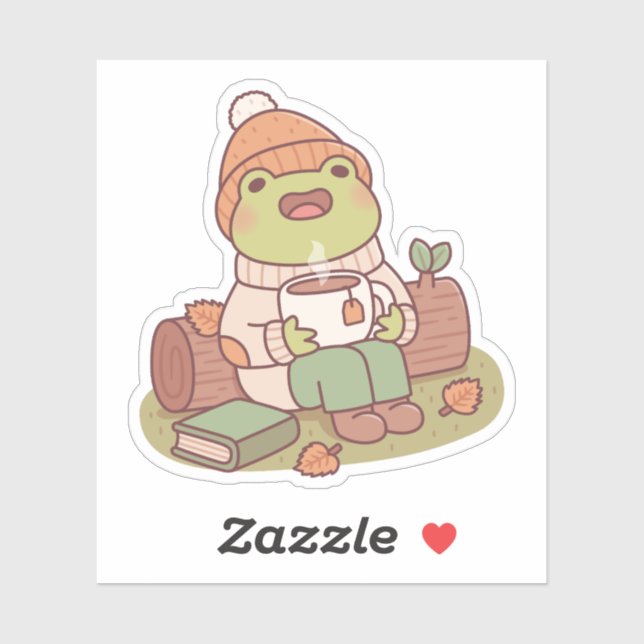 Cute Frog With Beanie And Hot Tea Autumn Season Sticker (Sheet)