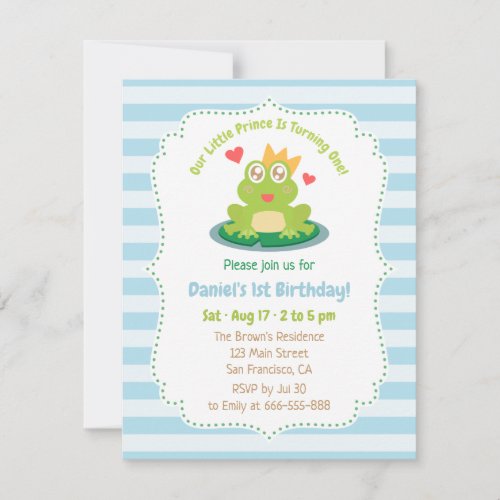 Cute Frog With Crown First Birthday Boy Invitation