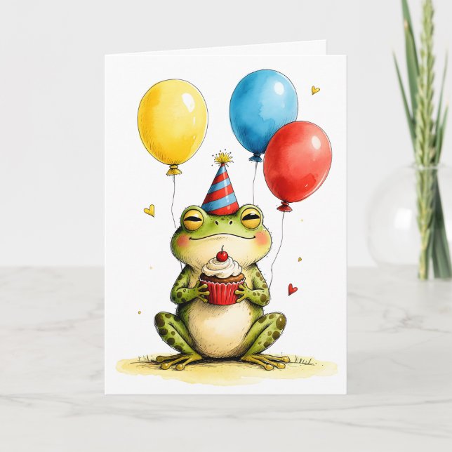 Cute Frog with Cupcake Kid's Happy Birthday Card (Front)