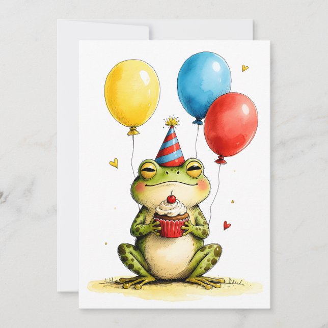 Cute Frog with Cupcake Kid's Happy Birthday Flat Card (Front)