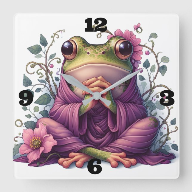 Cute Frog with Flowers Square Wall Clock (Front)