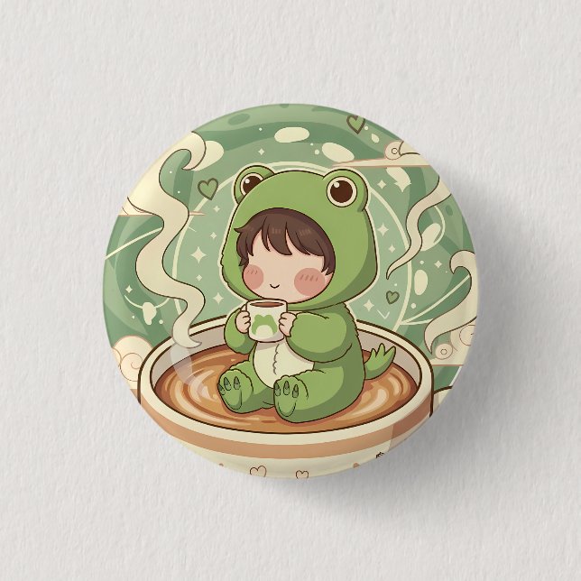 Cute Froggy Coffee Tale Design Button (Front)