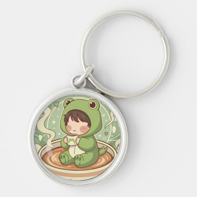 Cute Froggy Coffee Tale Design Keychain (Front)