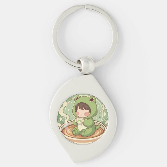 Cute Froggy Coffee Tale Design Keychain (Front)
