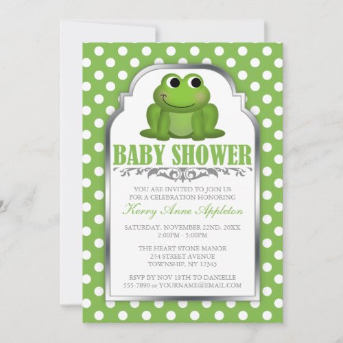 Cute Froggy Green Polka Dot Baby Shower Invitation