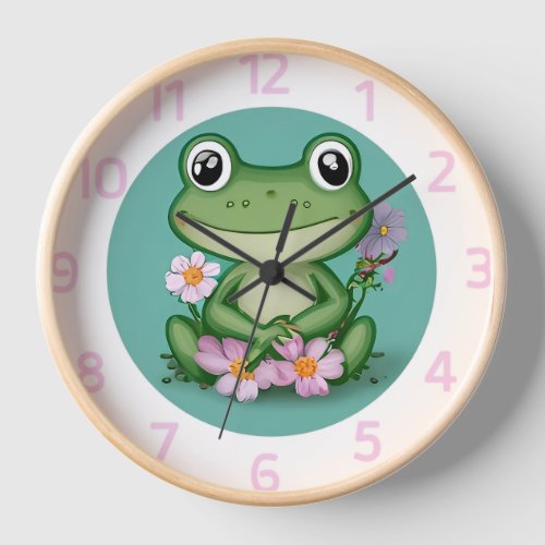 Cute Froggy with Pink Flowers Clock