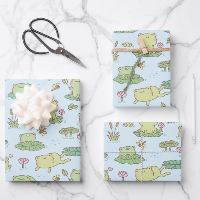 Cute Frogs and Dragonflies Pond Pattern Wrapping Paper Sheets (Front)