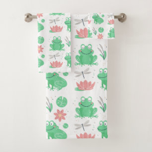 Cute Frogs, Dragonflies and Lotus Bath Towel Set