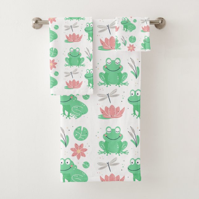 Cute Frogs, Dragonflies and Lotus Bath Towel Set (Insitu)