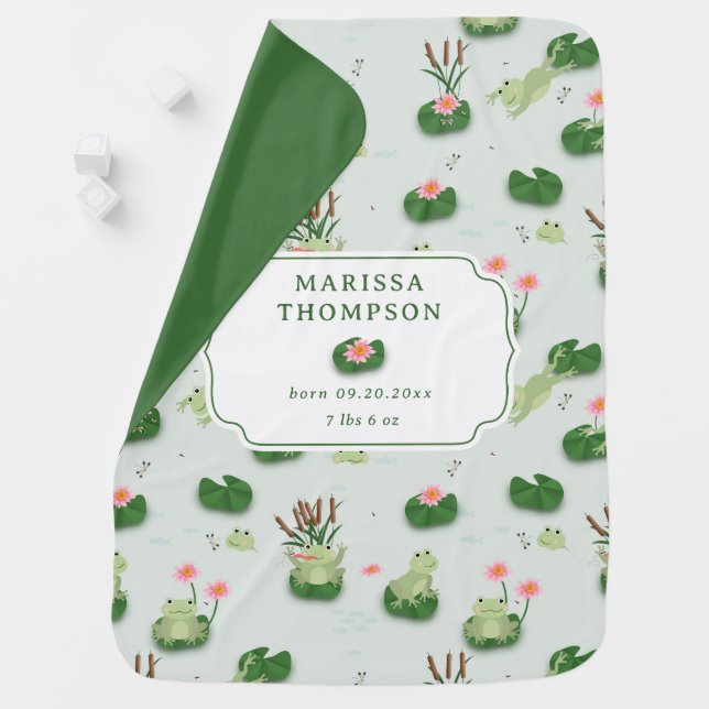 Cute Frogs in Lily Pond Baby Birth Stats  Baby Blanket (In Situ)