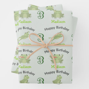 Cute Frogs in Lily Pond Birthday Kids Name Age Wrapping Paper Sheets