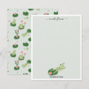 Cute Frogs in Lily Pond Custom Name Note Card