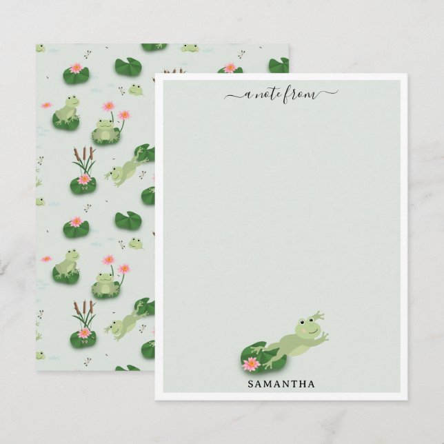 Cute Frogs in Lily Pond Custom Name Note Card (Front/Back)