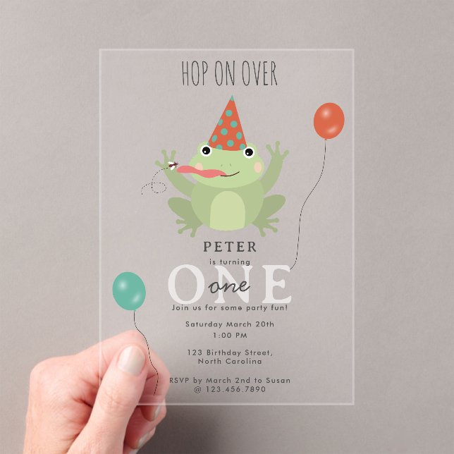 Cute Frogs in Lily Pond Hop On Over Kids Birthday Acrylic Invitations (Insitu (Handheld))