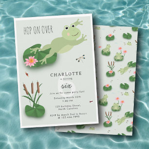 Cute Frogs in Lily Pond Hop On Over Kids Birthday Invitation