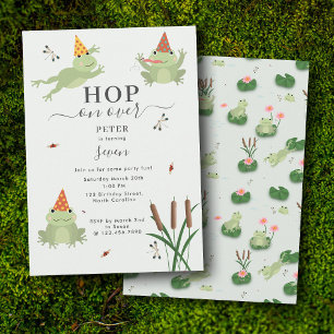 Cute Frogs in Lily Pond Hop On Over Kids Birthday Invitation