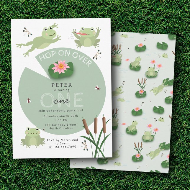Cute Frogs in Lily Pond Hop On Over Kids Birthday Invitation (Cute Frogs in Lily Pond Hop On Over Kids Birthday Invitation)