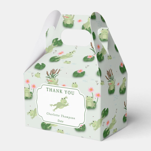 Cute Frogs in Lily Pond Kids Birthday Party Favor Boxes (Front Side)