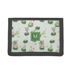 Cute Frogs in Lily Pond Monogrammed Initial Tri-fold Wallet
