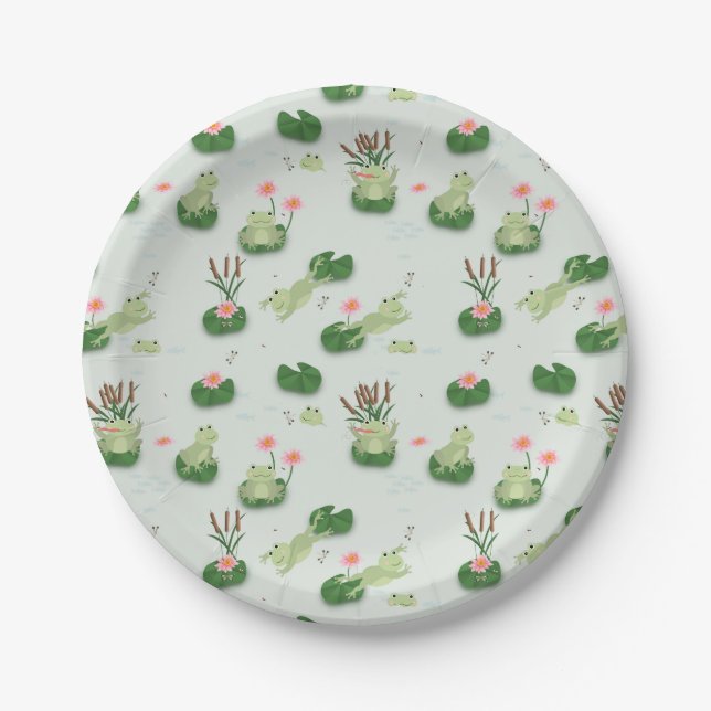 Cute Frogs in Lily Pond Paper Plates (Front)