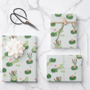 Cute Frogs in Lily Pond Wrapping Paper Sheets