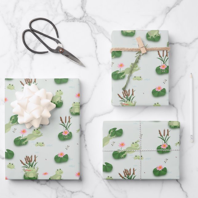 Cute Frogs in Lily Pond Wrapping Paper Sheets (Front)