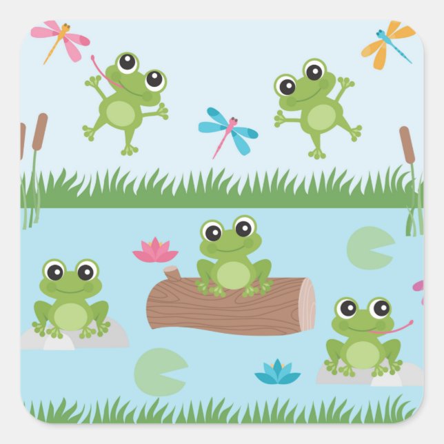Cute Frogs in Pond Square Sticker (Front)